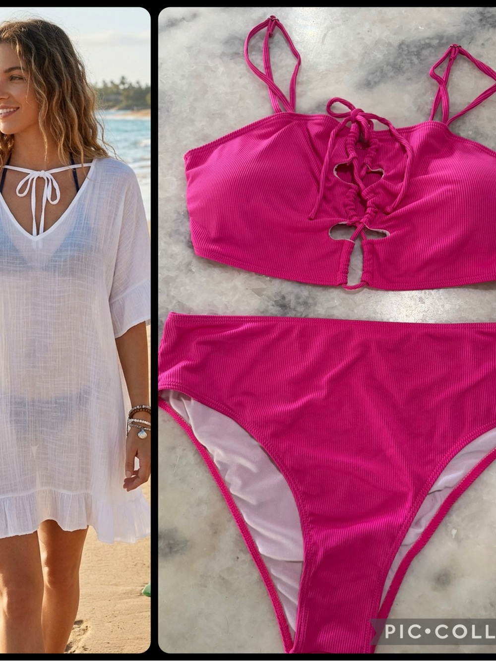 Shein Sz 1x XL Women’s Pink Lace-Up Ribbed Bikini Set w/ White flowing cover up